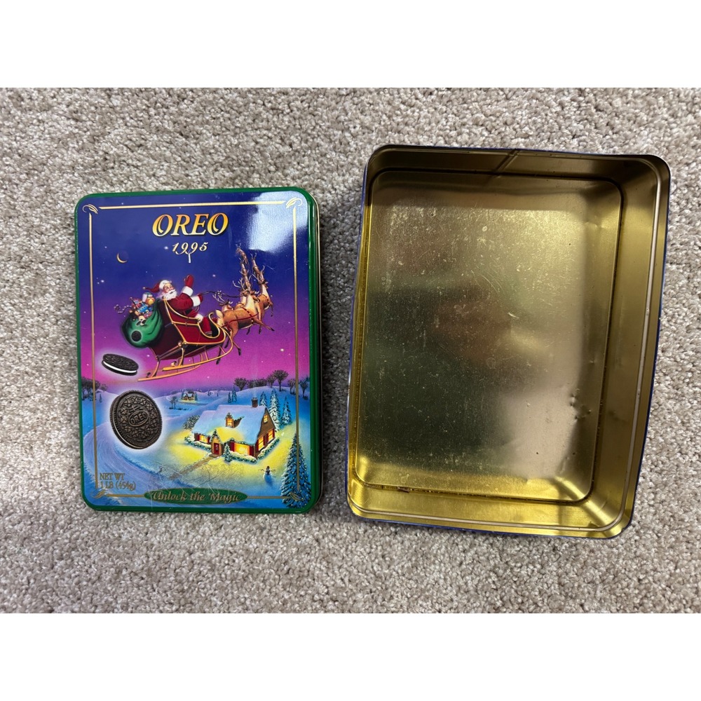 Vintage 1995 Oreo Cookie Tin Christmas Santa Sleigh Unlock the Magic Holiday 1lb